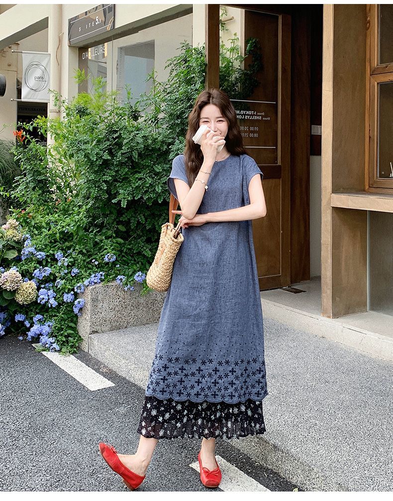 花柄ハイウエストロングスカート切替 レイヤード風 レディース ロングワンピースセット