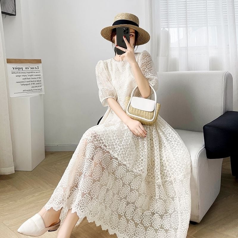 着痩せ ロング パフスリーブ 半袖 レースワンピース 大人カジュアル fashion ootd 夏コーデ ファッション coordinateコーディネート 夏服 カジュアルコーデ 今日のコーデ 大人コーデ レディース