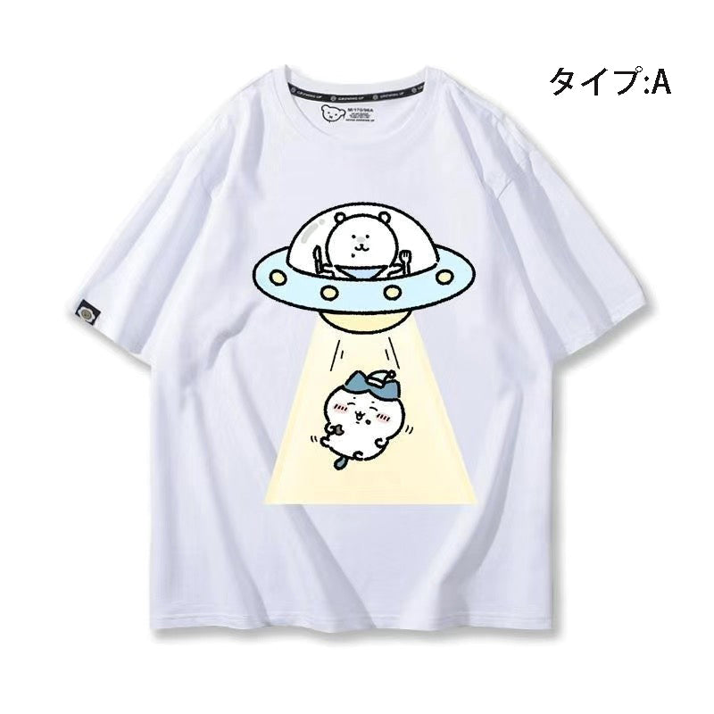 可愛いキャラ ゆるかわ トップス 宇宙旅行 ユニセックス 半袖Ｔシャツ