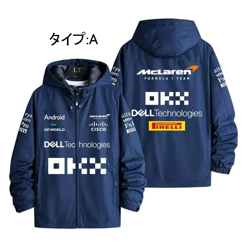 バイカースタイル アウター F1チーム風ロゴプリント メンズ 防風 防寒 レーシングジャケット