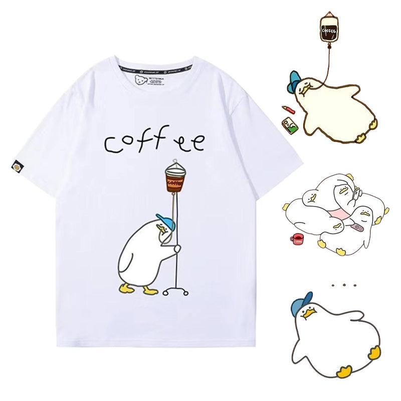 可愛いキャラ コーヒーで命をつなぐ アヒルさんトップス ユニセックス 半袖Ｔシャツ
