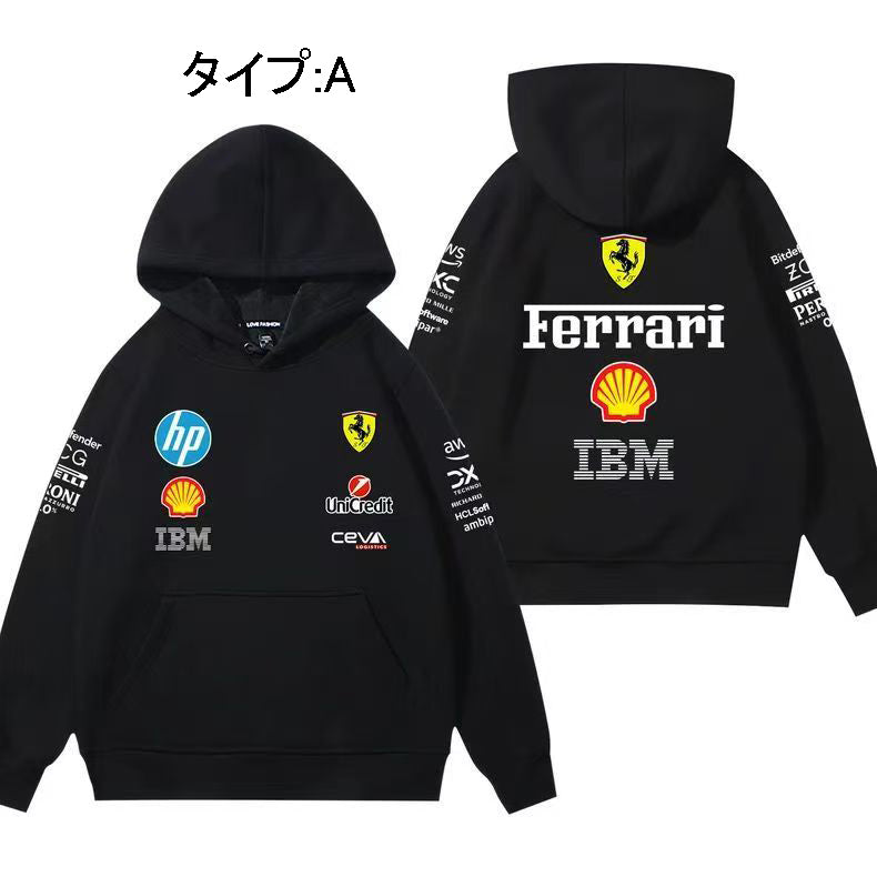 バイカースタイル F1チーム風 レーシングデザイン ユニセックス 長袖 パーカー
