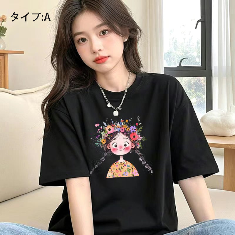 アニメ風キュートイラスト 半袖 レディース Tシャツ トップス