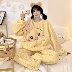 可愛いキャラ ゆるかわ パジャマ 裏フリース 暖かい 防寒 レディース セットアップ