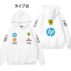 バイカースタイル F1チーム風 レーシングデザイン ユニセックス 長袖 パーカー
