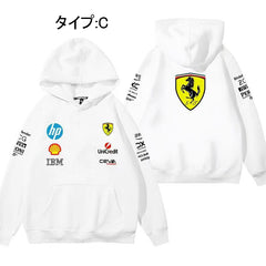 バイカースタイル F1チーム風 レーシングデザイン ユニセックス 長袖 パーカー