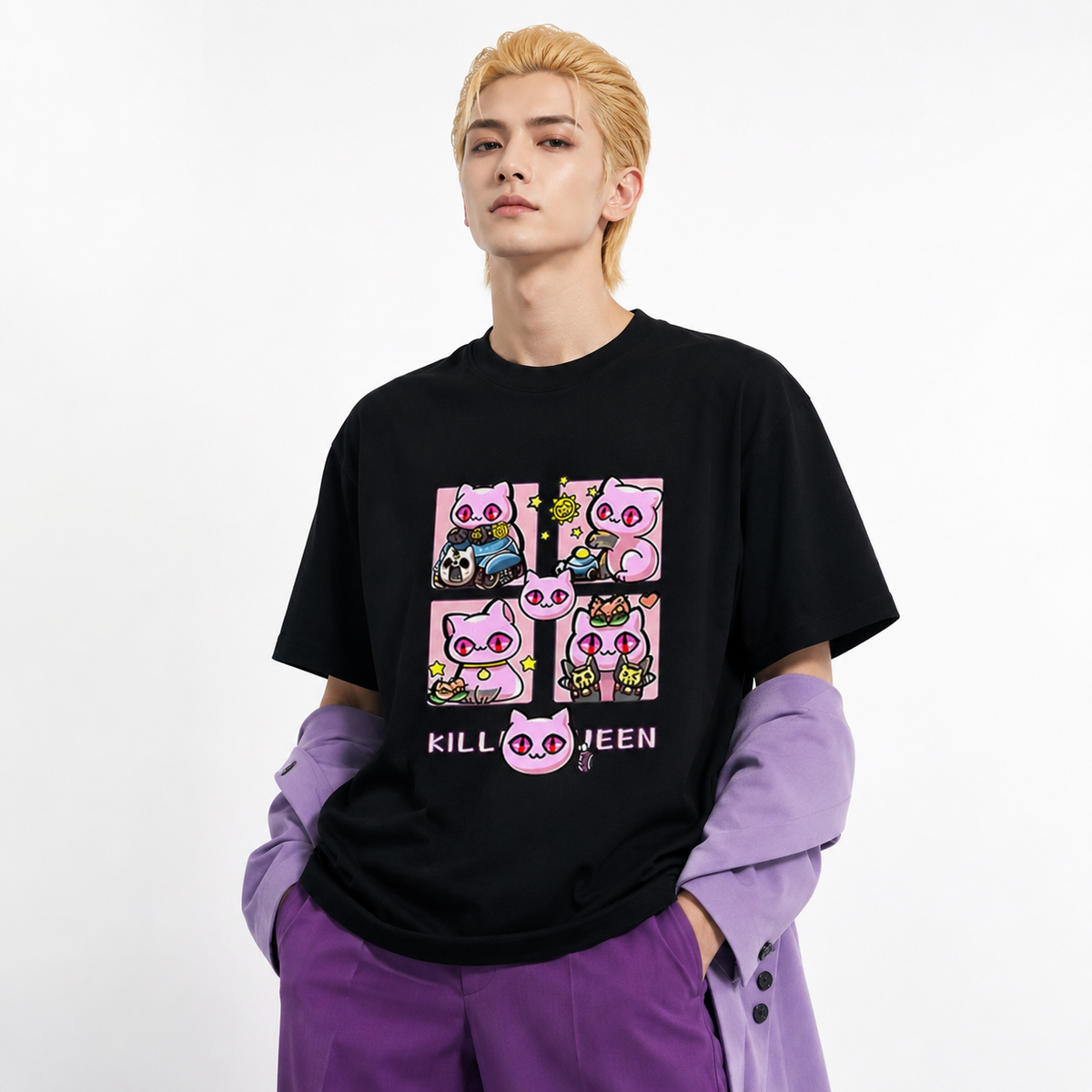 スタンド使い イラスト トップス Killer Queen ネコ爆弾 ユニセックス 半袖Ｔシャツ