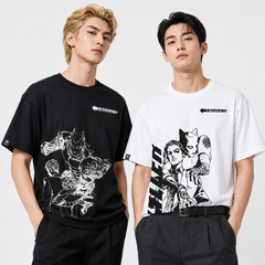 スタンド使い イラスト トップス モノクロラインアート アシンメトリープリントデザイン ユニセックス 半袖 Ｔシャツ