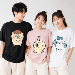 可愛いキャラ ゆるかわ トップス コミカルフェイス ミックスプリント ユニセックス 半袖Ｔシャツ