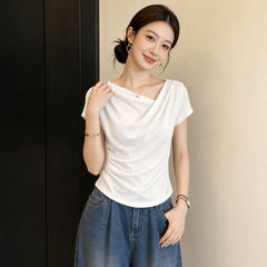 ドレープ アシンメトリーネック サイドギャザー レディース 半袖Ｔシャツ トップス