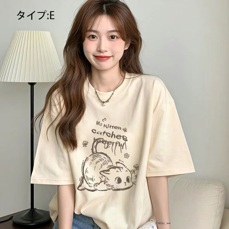 アニメ風キュートイラスト 半袖 レディース Tシャツ トップス