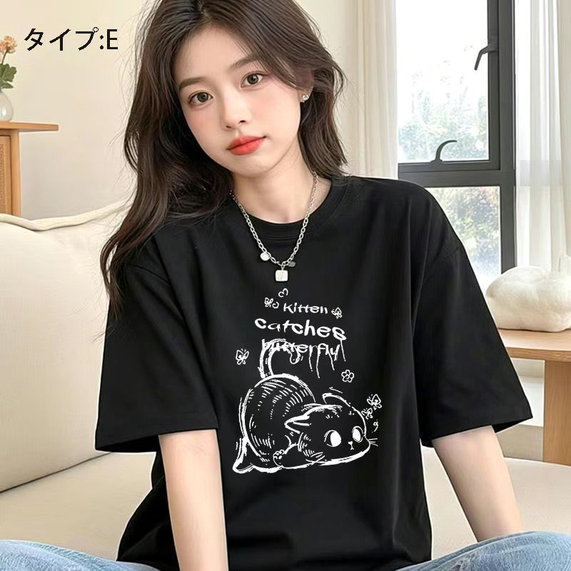 アニメ風キュートイラスト 半袖 レディース Tシャツ トップス