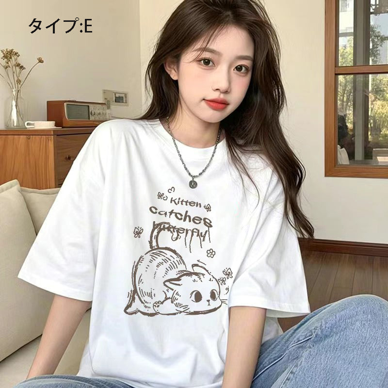 アニメ風キュートイラスト 半袖 レディース Tシャツ トップス