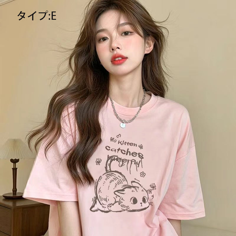 アニメ風キュートイラスト 半袖 レディース Tシャツ トップス