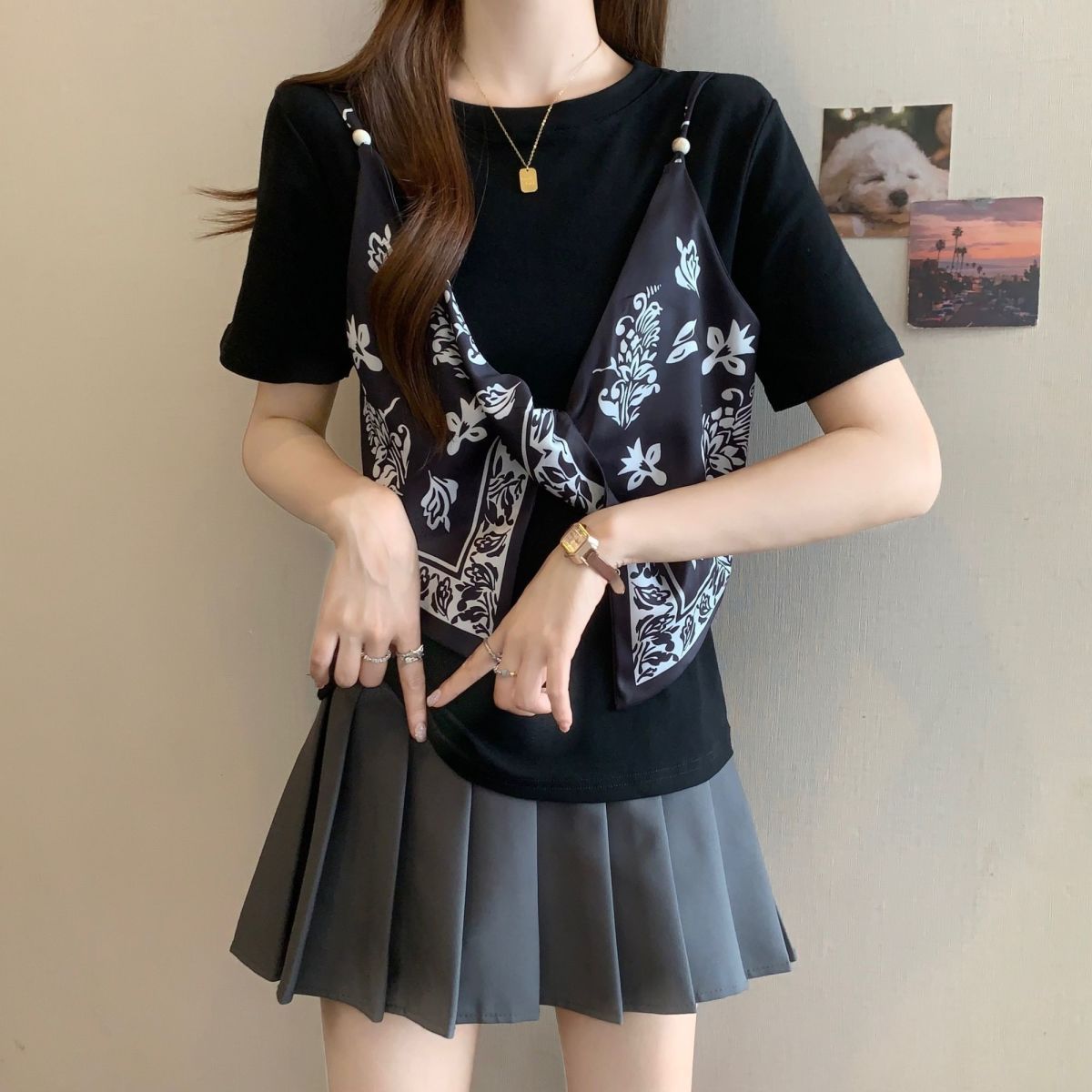 サテン フェイクツーセット リボンディテール ストラップ 半袖 Tシャツ レディース トップス