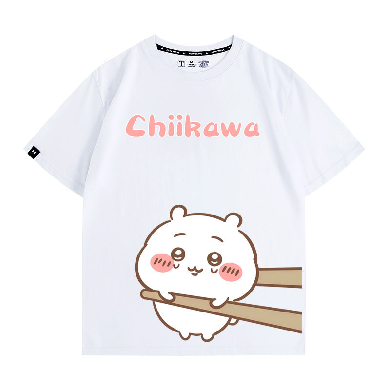 可愛いキャラ ゆるかわ トップス 箸で挟まれる ユニセックス 半袖Ｔシャツ