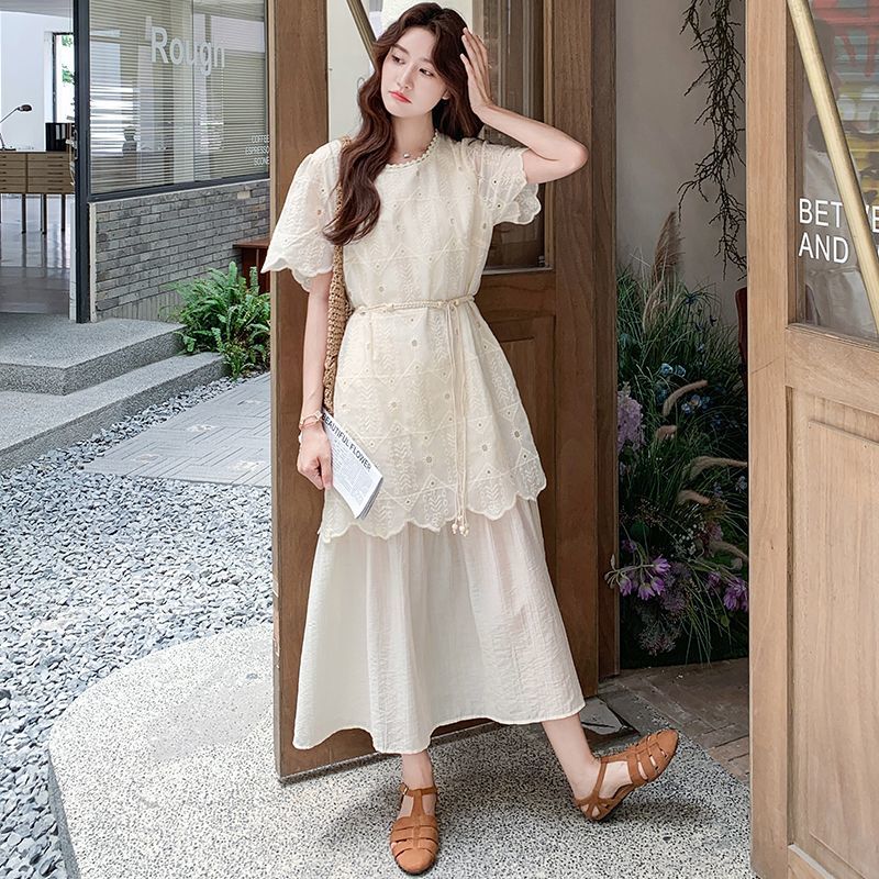 フレンチ刺繍レース切替 フェイクレイヤード レディース ロングワンピース