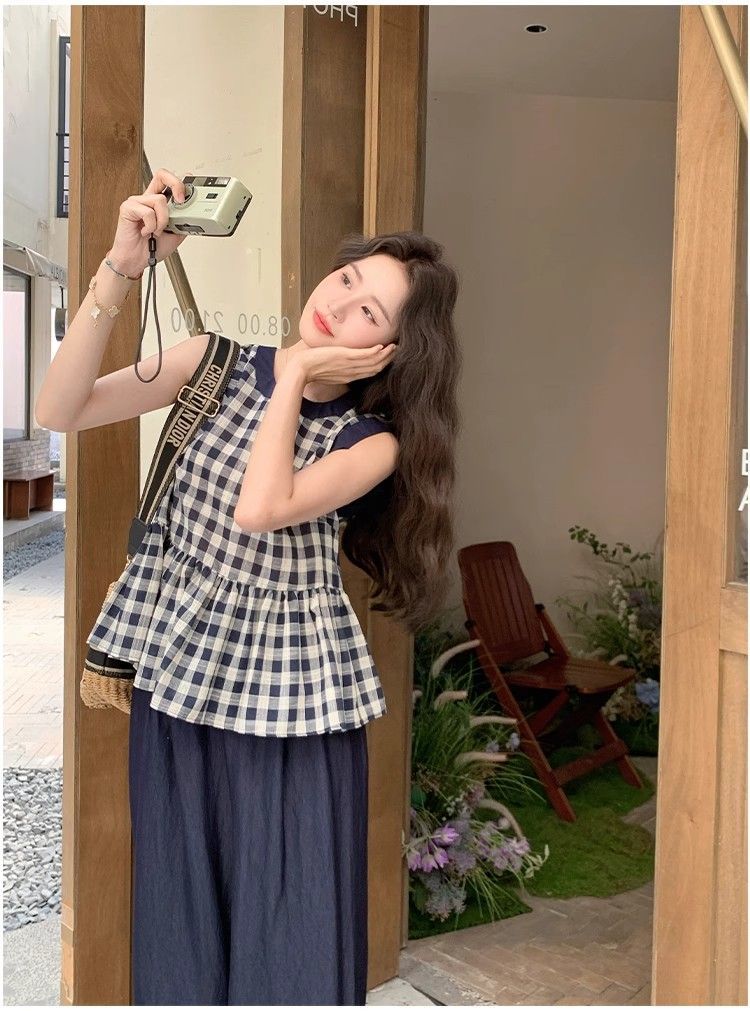 モノクロチェック リボンタイトップス＆ワイドパンツ レディース セットアップ