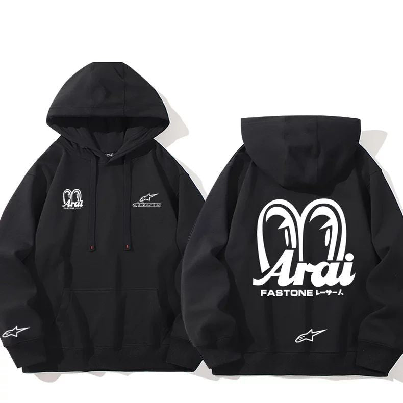 【薄手・裏起毛から選べる】バイカースタイル トップス レーシングエンブレム バックプリント ユニセックス 長袖 パーカー