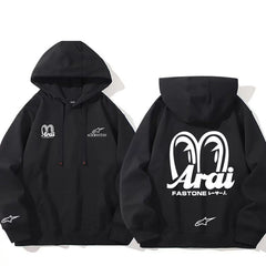 【薄手・裏起毛から選べる】バイカースタイル トップス レーシングエンブレム バックプリント ユニセックス 長袖 パーカー