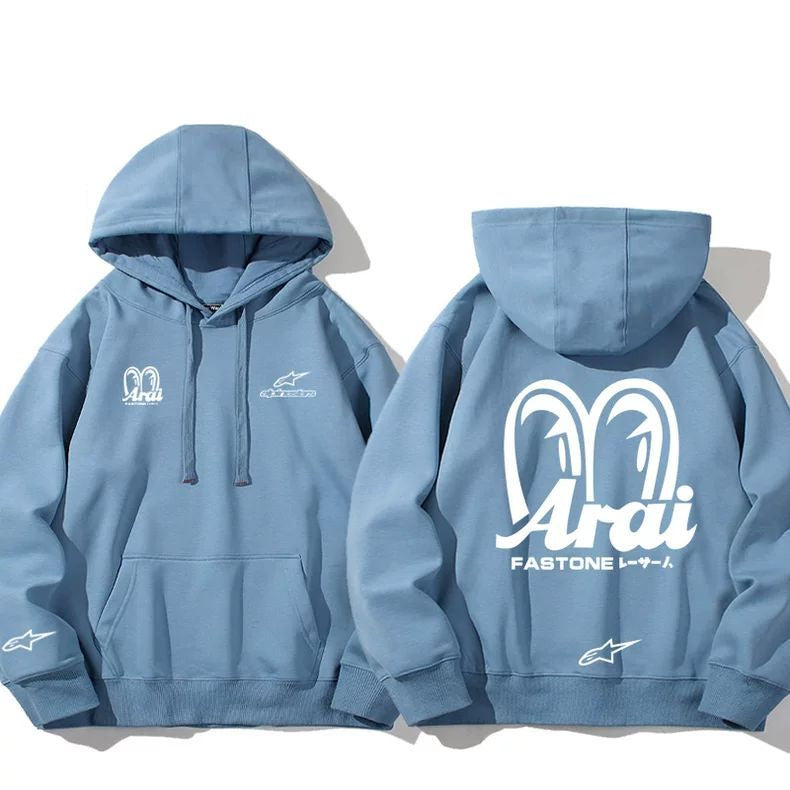 【薄手・裏起毛から選べる】バイカースタイル トップス レーシングエンブレム バックプリント ユニセックス 長袖 パーカー