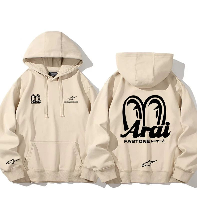 【薄手・裏起毛から選べる】バイカースタイル トップス レーシングエンブレム バックプリント ユニセックス 長袖 パーカー