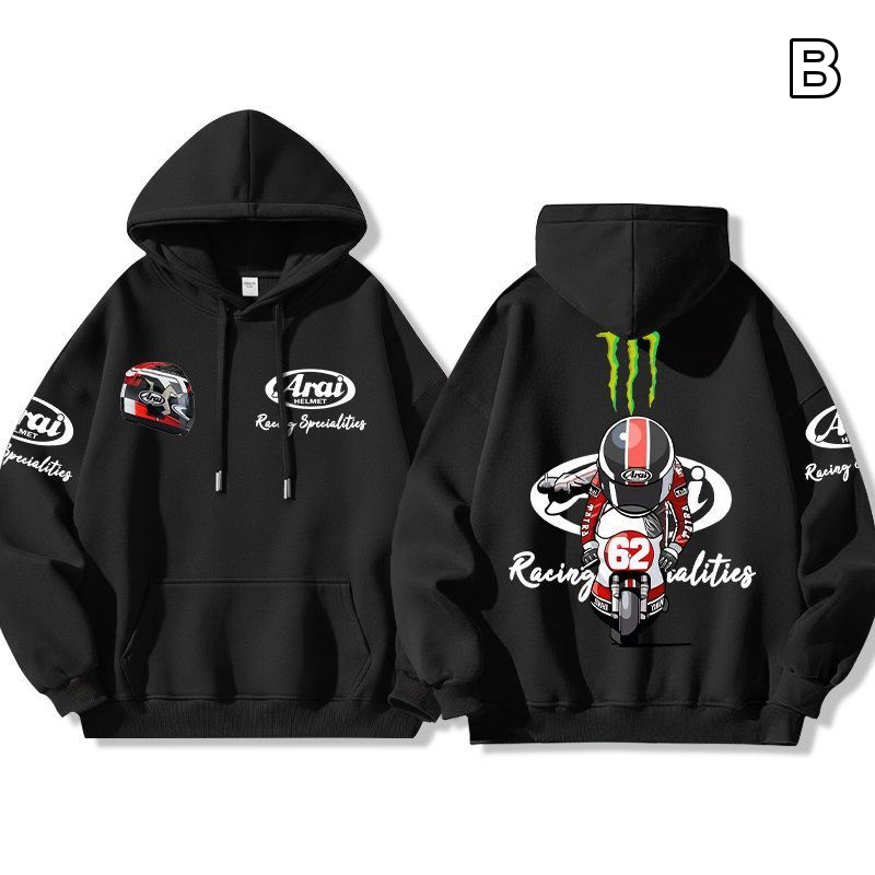 【薄手・裏起毛から選べる】バイカースタイル トップス レーシングロゴ バリエーションプリント ユニセックス 長袖 パーカー