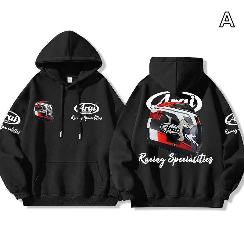 【薄手・裏起毛から選べる】バイカースタイル トップス ヘルメット＆レーシングロゴ ユニセックス 長袖 パーカー