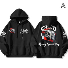 【薄手・裏起毛から選べる】バイカースタイル トップス ヘルメット＆レーシングロゴ ユニセックス 長袖 パーカー