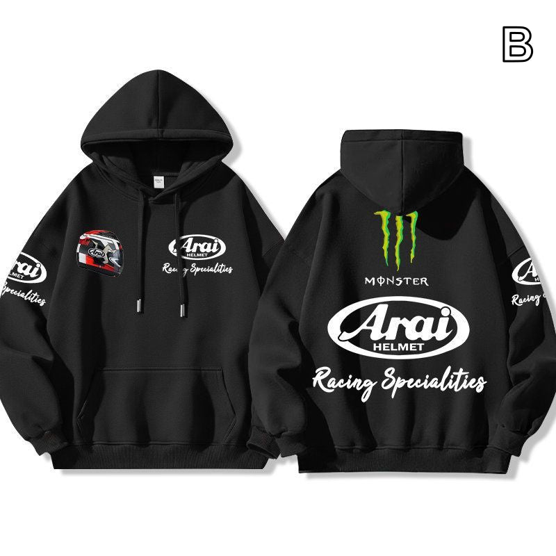 【薄手・裏起毛から選べる】バイカースタイル トップス ヘルメット＆レーシングロゴ ユニセックス 長袖 パーカー