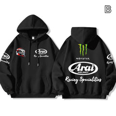 【薄手・裏起毛から選べる】バイカースタイル トップス ヘルメット＆レーシングロゴ ユニセックス 長袖 パーカー