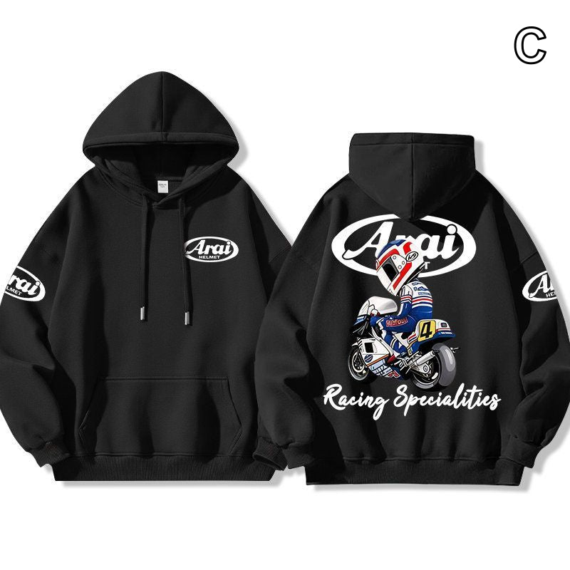 【薄手・裏起毛から選べる】バイカースタイル トップス ヘルメット＆レーシングロゴ ユニセックス 長袖 パーカー