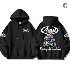 【薄手・裏起毛から選べる】バイカースタイル トップス ヘルメット＆レーシングロゴ ユニセックス 長袖 パーカー