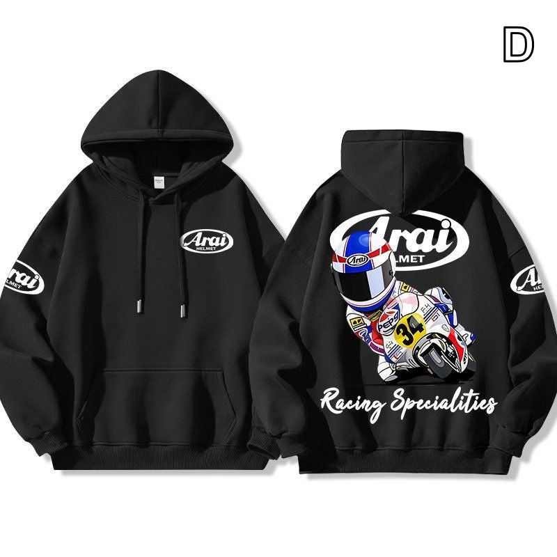 【薄手・裏起毛から選べる】バイカースタイル トップス ヘルメット＆レーシングロゴ ユニセックス 長袖 パーカー