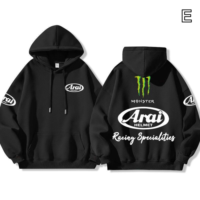 【薄手・裏起毛から選べる】バイカースタイル トップス ヘルメット＆レーシングロゴ ユニセックス 長袖 パーカー