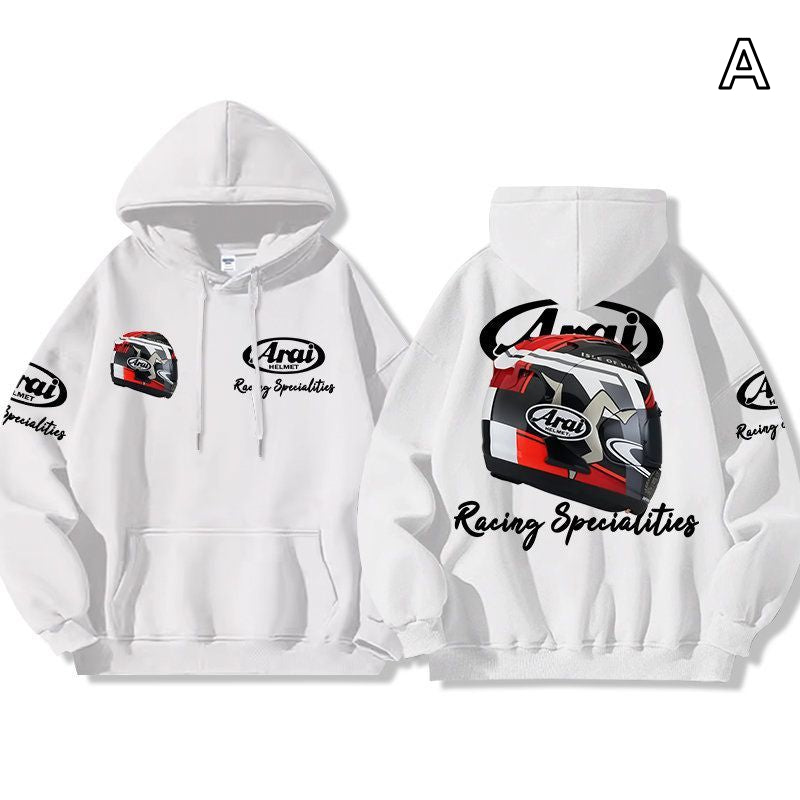 【薄手・裏起毛から選べる】バイカースタイル トップス ヘルメット＆レーシングロゴ ユニセックス 長袖 パーカー