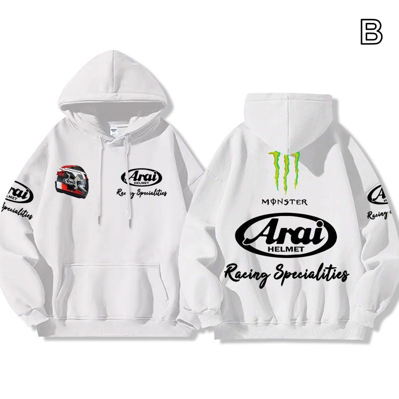 【薄手・裏起毛から選べる】バイカースタイル トップス ヘルメット＆レーシングロゴ ユニセックス 長袖 パーカー