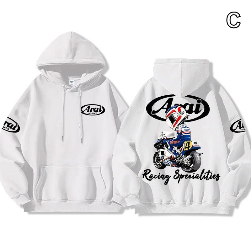 【薄手・裏起毛から選べる】バイカースタイル トップス ヘルメット＆レーシングロゴ ユニセックス 長袖 パーカー