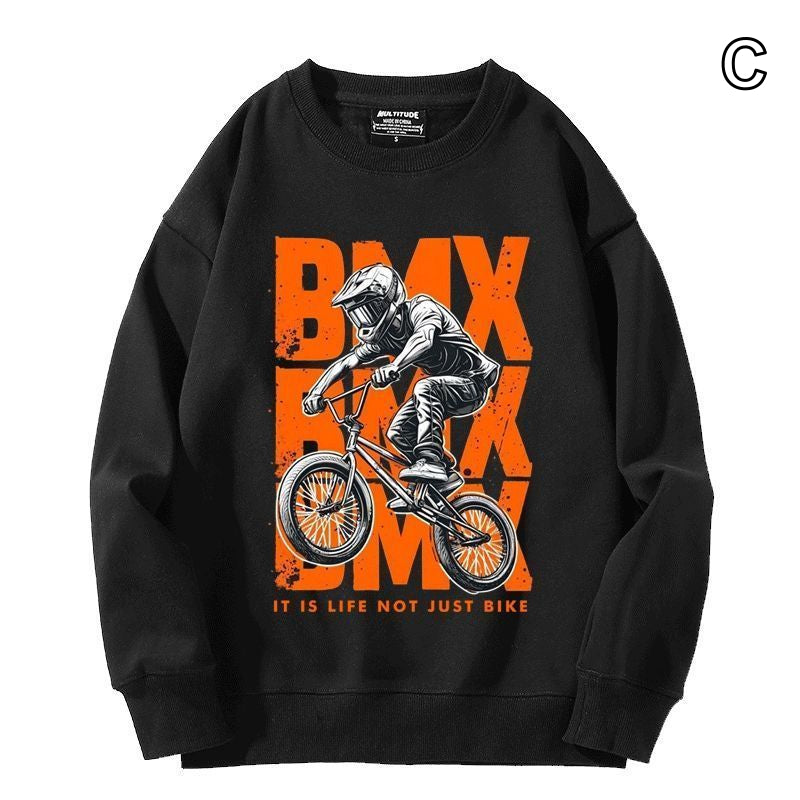 【薄手・裏起毛から選べる】バイカースタイル トップス BMX バイクバックプリント ユニセックス 長袖 スウェット