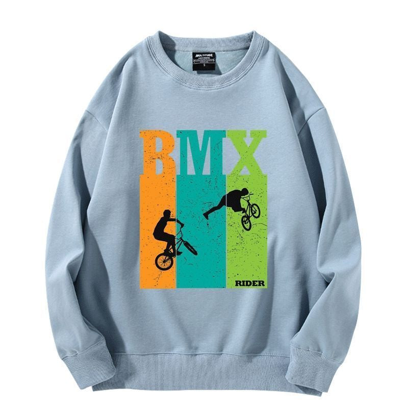 【薄手・裏起毛から選べる】バイカースタイル トップス BMX バイクバックプリント ユニセックス 長袖 スウェット