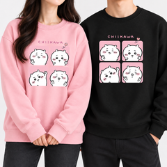 【薄手・裏起毛から選べる】可愛いキャラ ゆるかわ トップス ピンクの4コマ表情プリント ユニセックス 長袖 スウェット