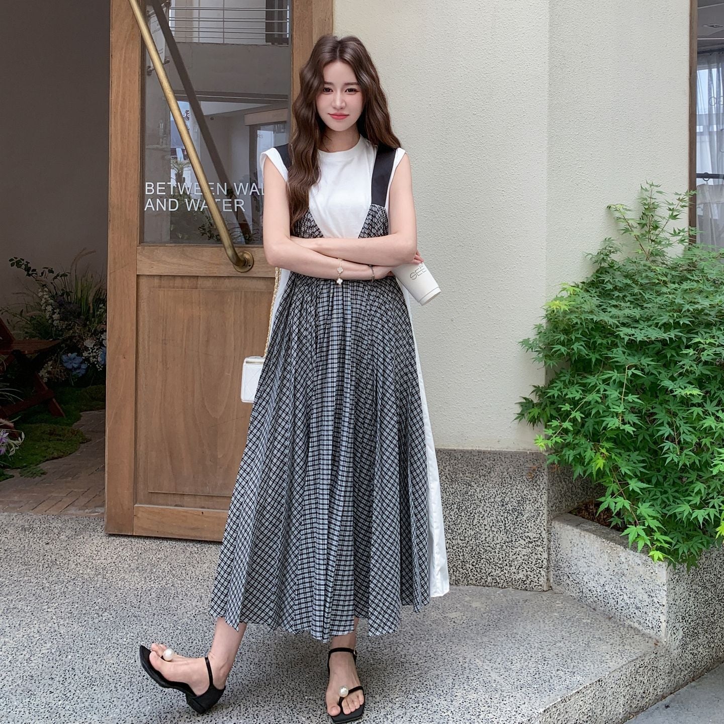 チェック柄切替 フェイクレイヤード レディース ロングAラインワンピース