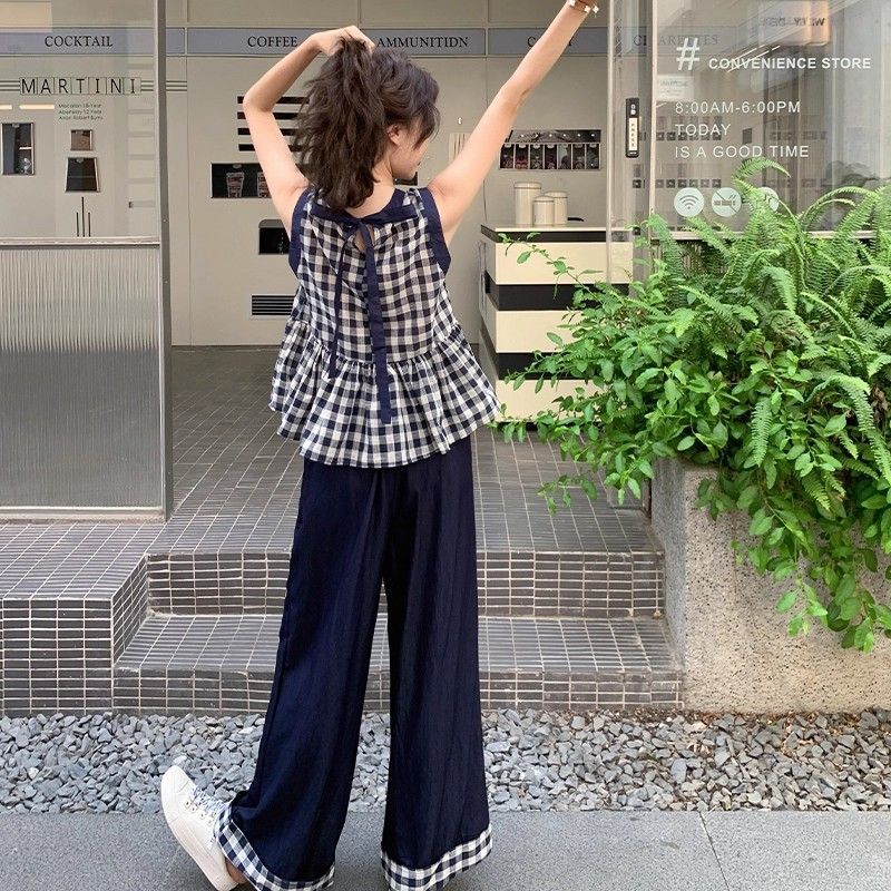 モノクロチェック リボンタイトップス＆ワイドパンツ レディース セットアップ