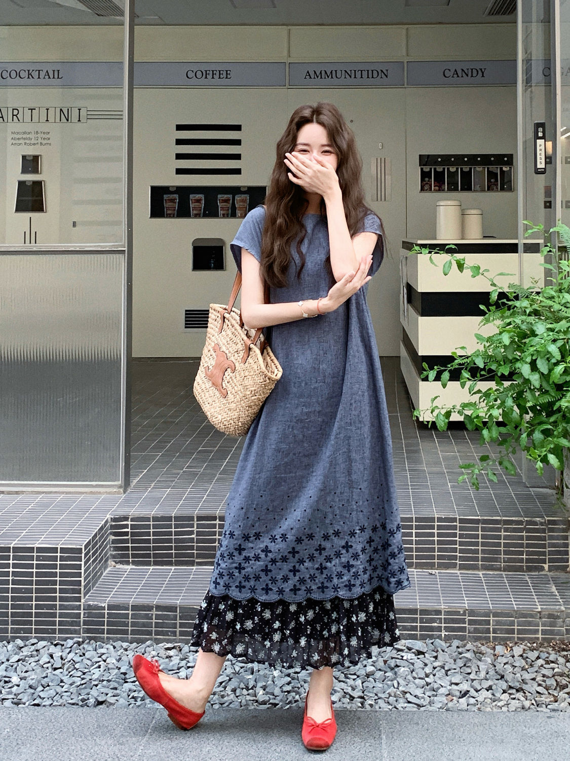 花柄ハイウエストロングスカート切替 レイヤード風 レディース ロングワンピースセット