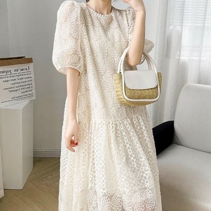 着痩せ ロング パフスリーブ 半袖 レースワンピース 大人カジュアル fashion ootd 夏コーデ ファッション coordinateコーディネート 夏服 カジュアルコーデ 今日のコーデ 大人コーデ レディース