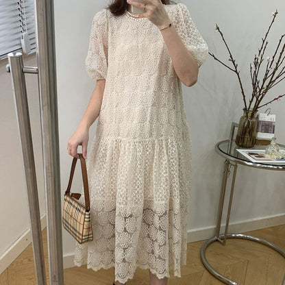 着痩せ ロング パフスリーブ 半袖 レースワンピース 大人カジュアル fashion ootd 夏コーデ ファッション coordinateコーディネート 夏服 カジュアルコーデ 今日のコーデ 大人コーデ レディース