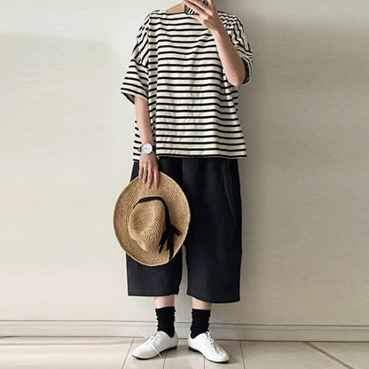 韓国系 シンプル ボーダー 半袖 Tシャツ+カジュアルパンツ 2点セット 大人カジュアル fashion ootd 夏コーデ ファッション coordinateコーディネート 夏服 カジュアルコーデ 今日のコーデ 大人コーデ レディース