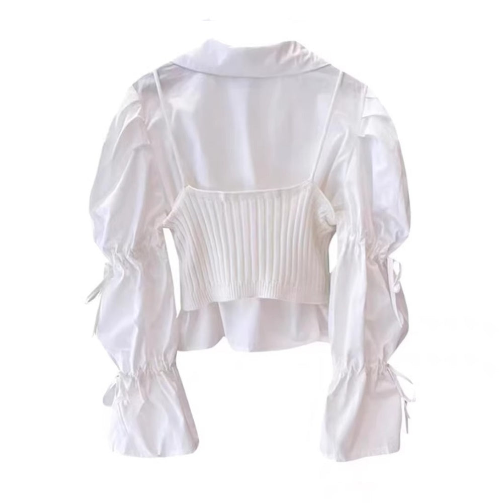 レイヤードリブニットシャツトップス