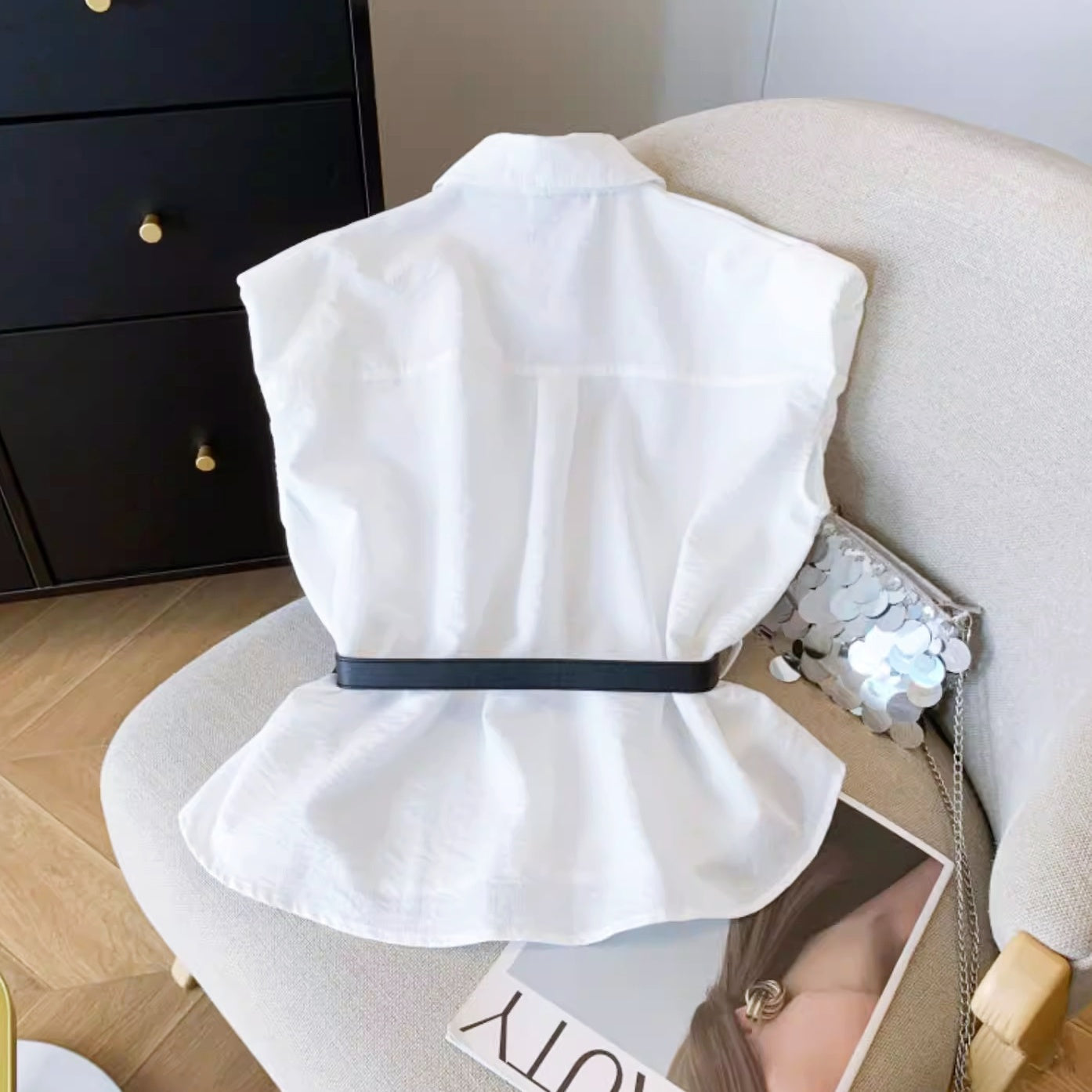 ウエストベルトノースリーブシャツトップス