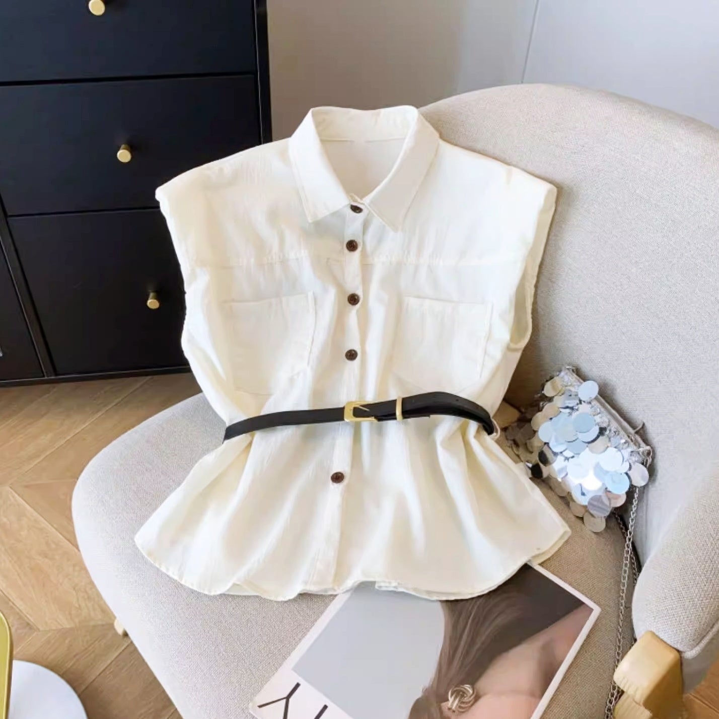 ウエストベルトノースリーブシャツトップス